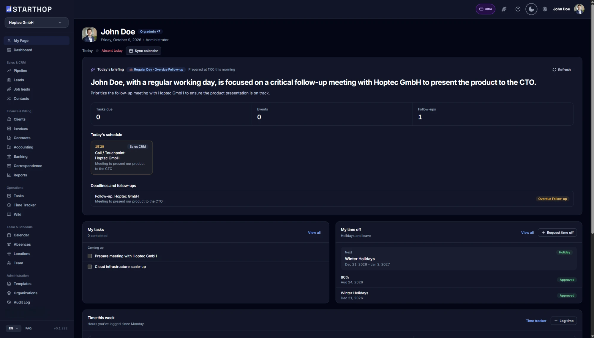 Starthop My Page: the AI daily briefing, today's schedule, follow-ups, tasks and time off in one view