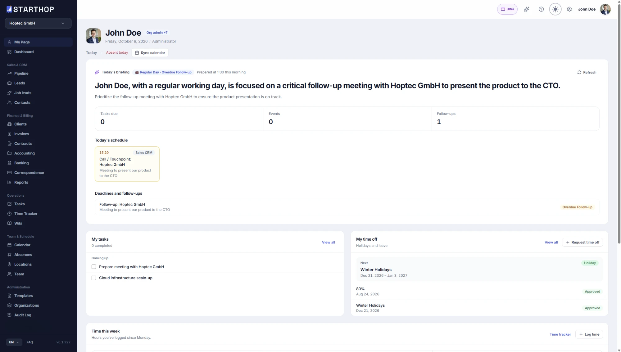 Starthop My Page: the AI daily briefing, today's schedule, follow-ups, tasks and time off in one view
