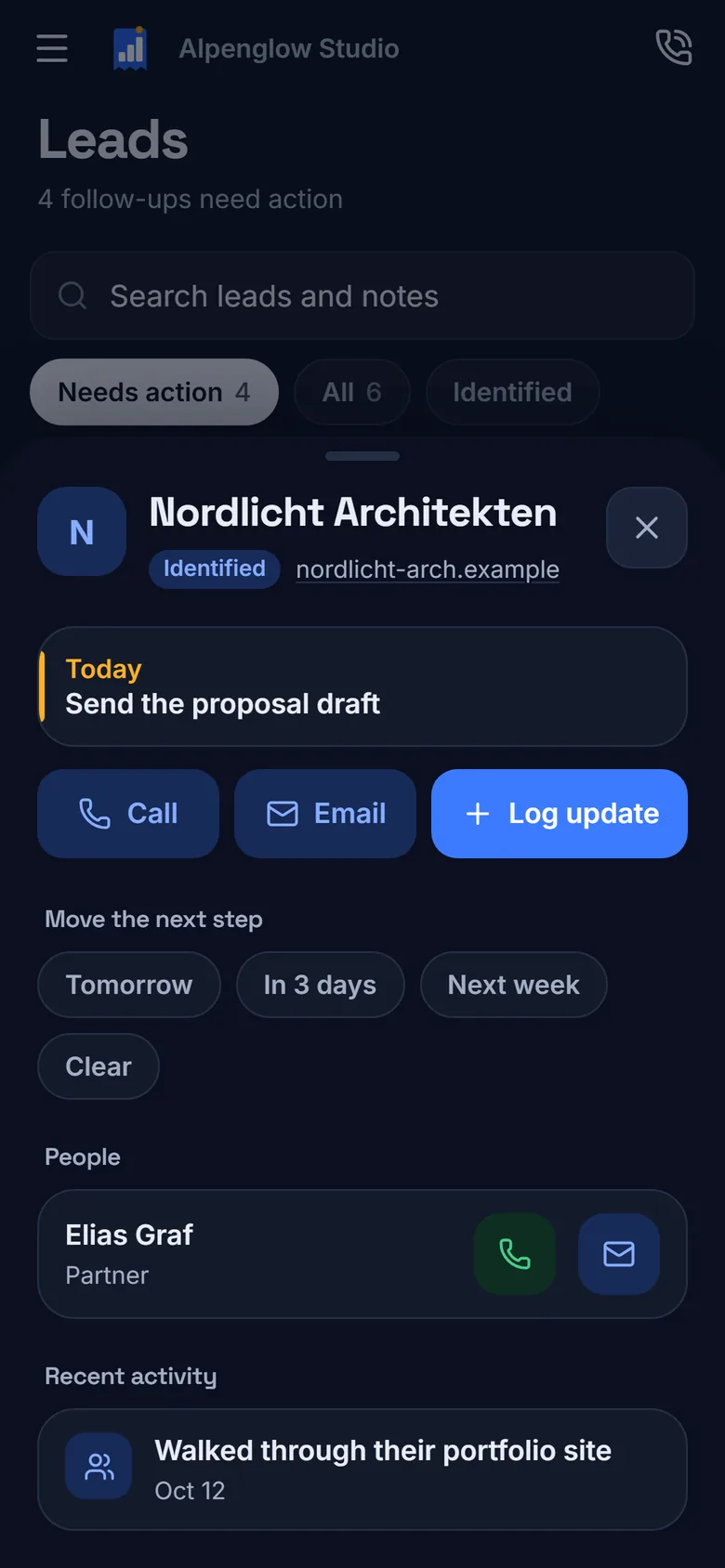 Starthop on a phone: a lead with its next step, contacts and recent activity