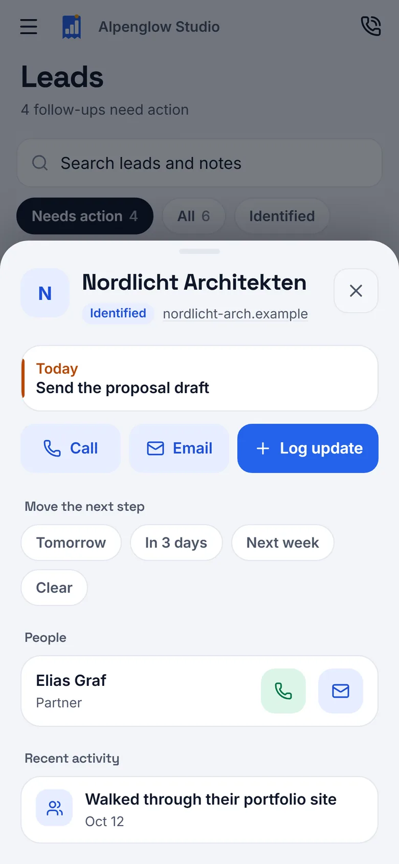 Starthop on a phone: a lead with its next step, contacts and recent activity
